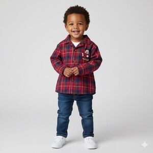 Disney Mickey Mouse Boys Red and Blue Button Down Plaid Flannel Shirt Size 2T